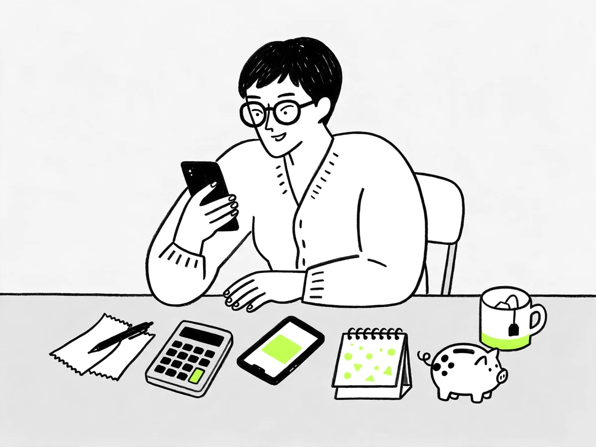 저녁에 책상 앞에서 스마트폰으로 연금 납입액을 확인하는 사람과 탁상 달력, 돼지 저금통