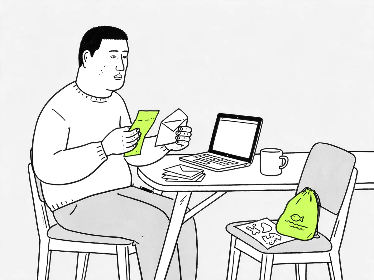 저녁 식탁에서 노트북 옆에 영수증을 정리하는 직장인 부모와 의자 위 아이 수영 가방
